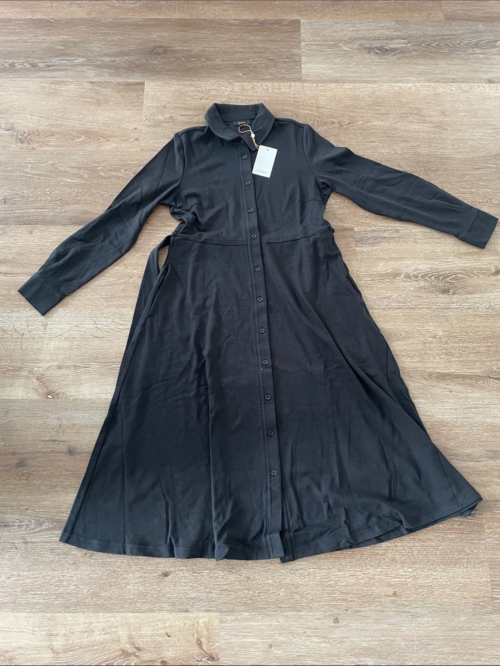 Quince Black Long-Sleeve Button-Front Midi Dress